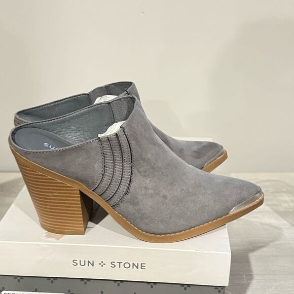 Sun+Stone Womens Deyzaa grey Metallic Pointed Toe Slip-On heels Mules Shoes 8.5 - Picture 5 of 8